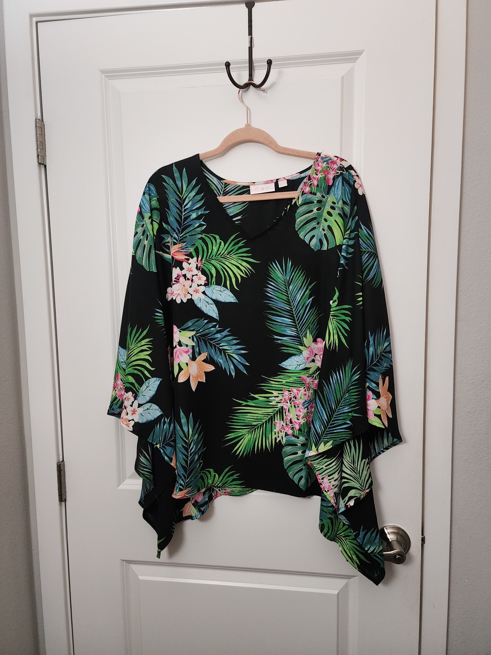 Belle by Kim Gravel Black Tropicsl Floral Poncho Style Top